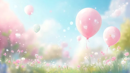 Pink heart balloons drift above soft spring flower meadow