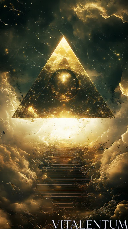 Golden cosmic pyramid ascends above luminous celestial clouds