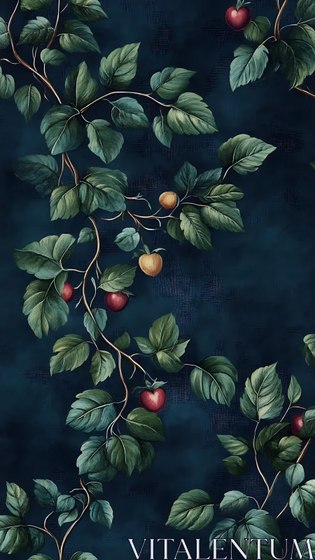 Dark teal botanical pattern with heart-shaped fruit vines
