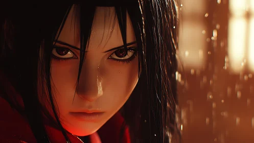 Intense anime heroine glares through warm cinematic rain.