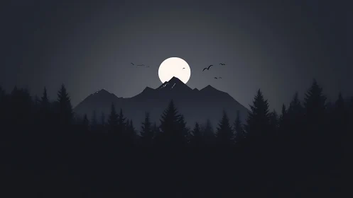 Minimalist moonlit mountain range behind dark pine forest.