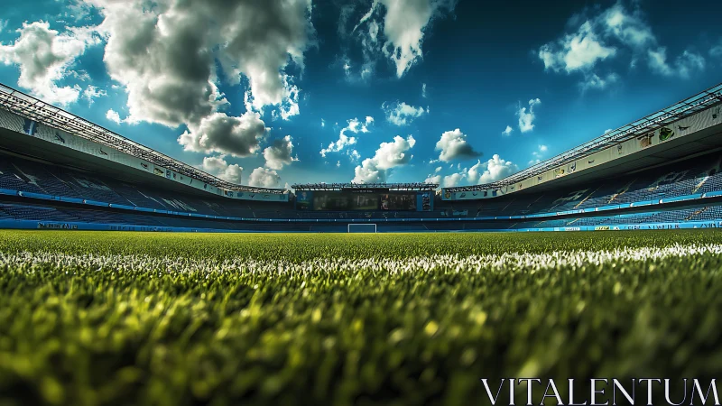 Empty football stadium with low angle field and sky view.