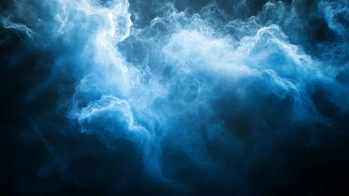 Blue illuminated cloudlike smoke swirls against dark background