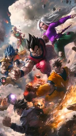 Anime warriors clash amid explosive sky and shattered earth.