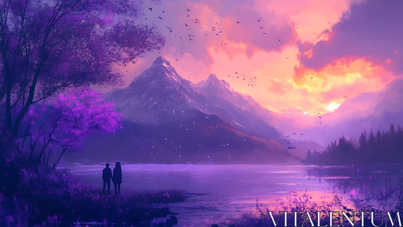 Mountain Sunrise Over Mystical Lake with Silhouetted Observers