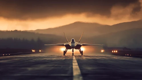 Sunrise runway moment with a lone jet ready to soar.
