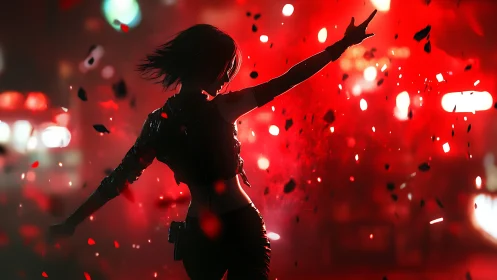 Silhouetted cyberpunk dancer commands glowing red city night.