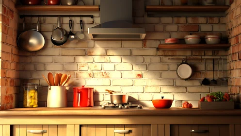 Rendered brick-walled kitchen workspace shows organized tools