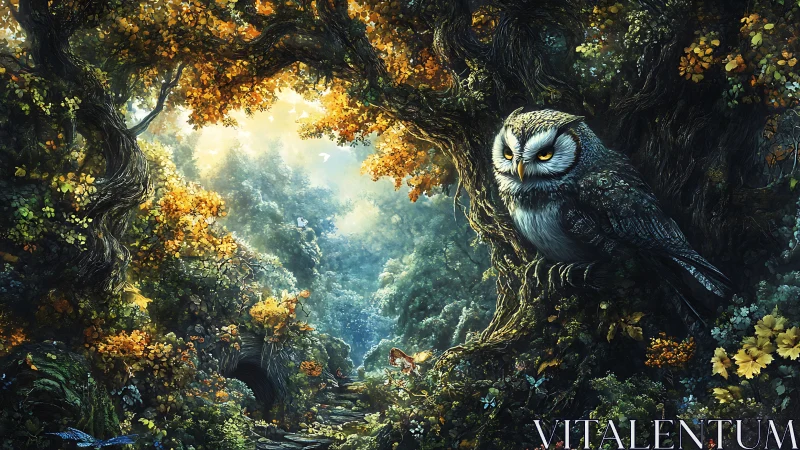 Nocturnal owl observes luminous forest corridor in high detail