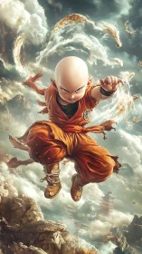Bald martial youth in orange robe amid swirling clouds.