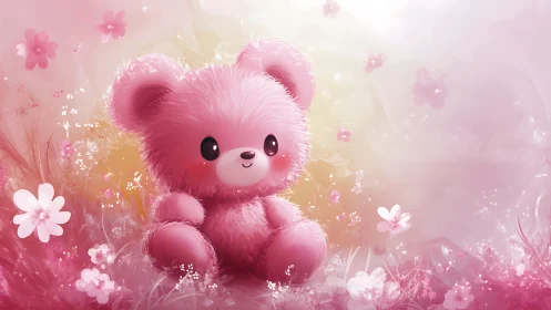Pink cotton candy teddy bear in a dreamy flower meadow.
