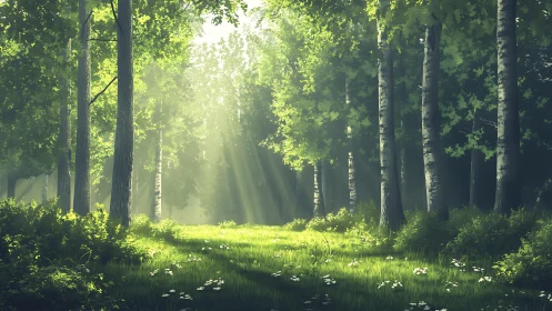 Sunlit Forest Glade with Lush Greenery in Photorealistic Style.