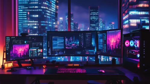 Multi-monitor workstation facing illuminated city skyline.