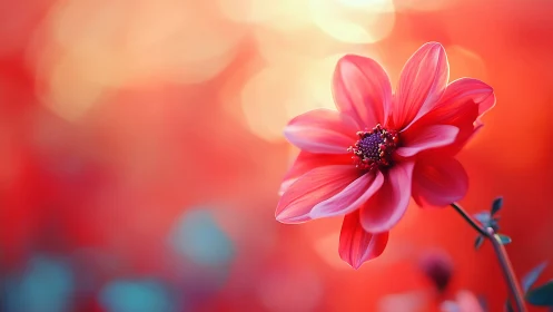 Pink cosmos flower against diffused red and orange background
