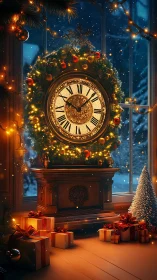Victorian mantel clock framed by illuminated festive wreath glows