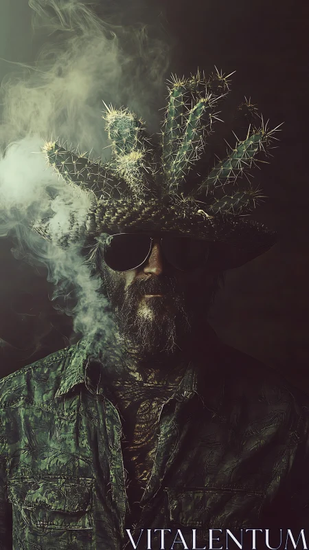 Surreal bearded man wears spiked cactus hat in smoke.