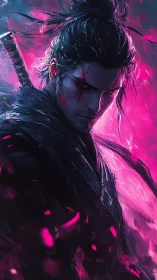 Scarred neon ronin stalking through stormlit magenta haze.