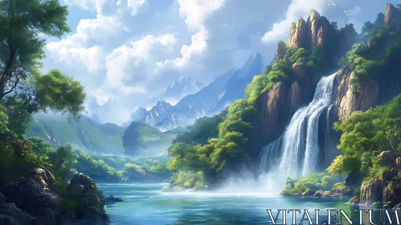 Waterfall carves a silver song through emerald mountain silence