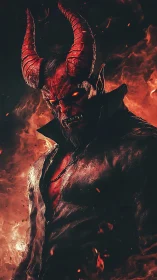 Horned demon figure stands in flames with glowing eyes