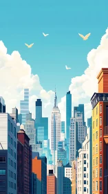 Sunlit city skyline rises under bright blue sky and birds