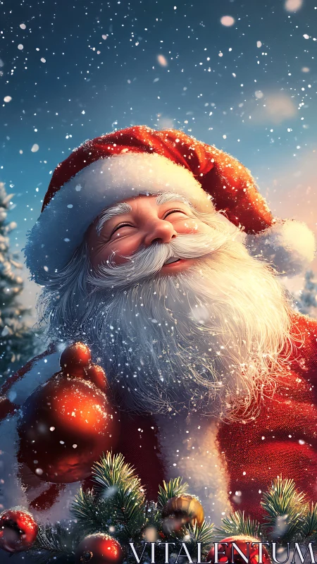 Smiling Santa Claus portrait under falling snow at sunset