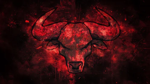 Digital engraving bull emblem with red grunge field composition.