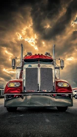 Chromed red semi truck dominates road under stormy sky.