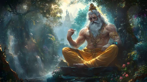 Forest sage at sunrise in serene golden meditation.