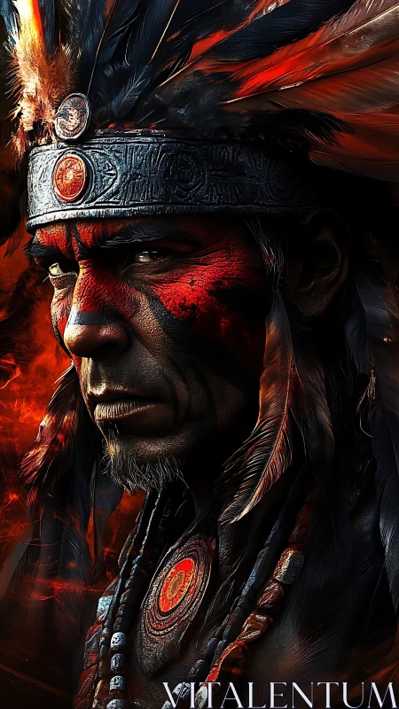 Ember-crowned warrior in blazing feathers and ritual paint.