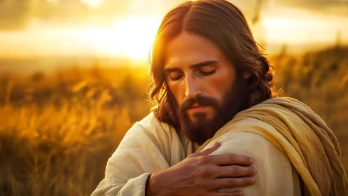 Serene robed figure prays in golden sunrise wheat field.