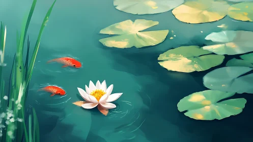 Koi swim around white water lily in tranquil teal pond