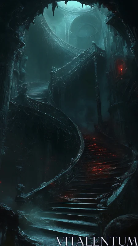 Haunted gothic staircase coils into eerie cyan light above.