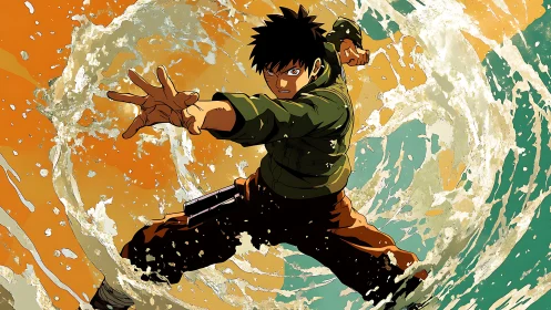 Dynamic anime combat figure within kinetic water vortex.