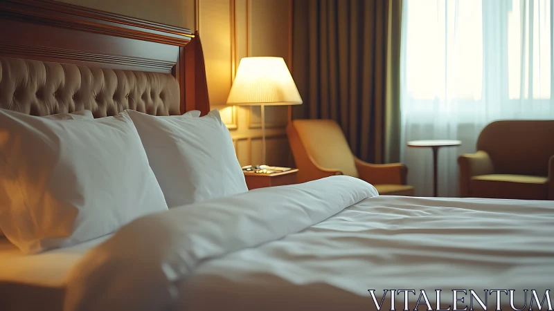 Golden-hour hotel haven with plush bed and quiet chairs.