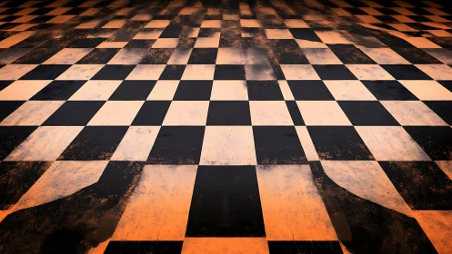 Distressed orange checkerboard floor in cinematic perspective.