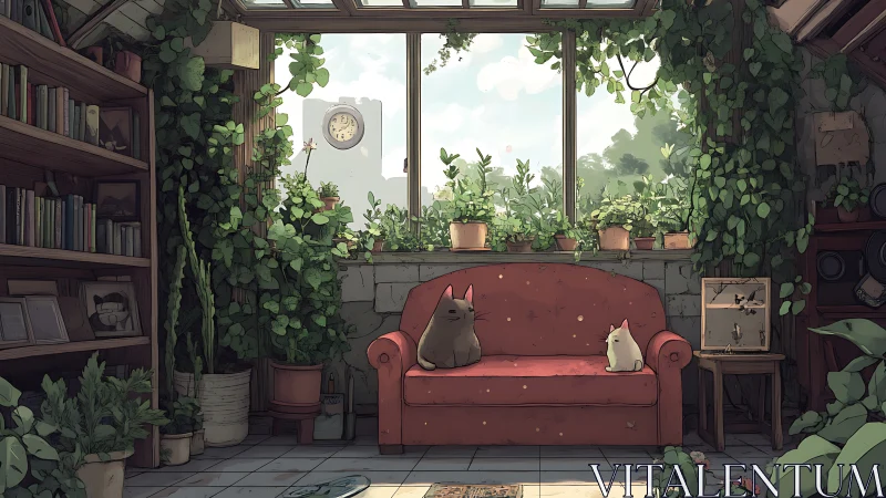 Cozy plant-filled sunroom couch frames two resting cats