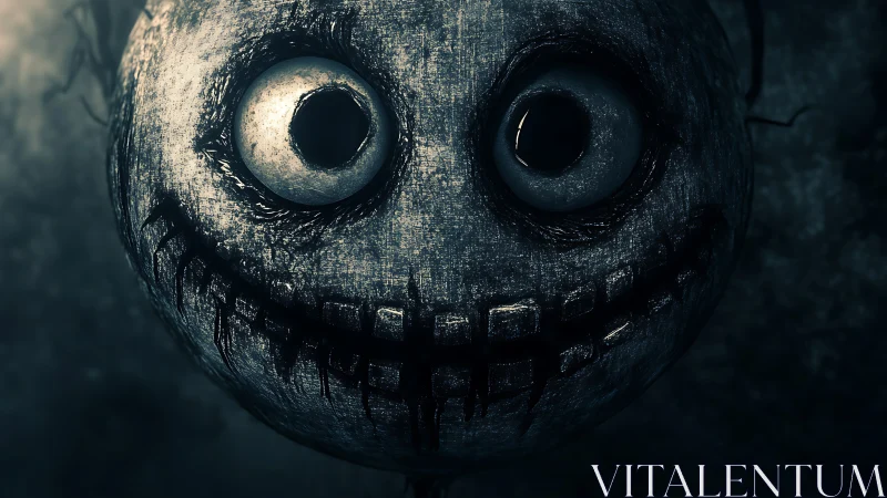 Distorted grinning skull orb dominates eerie dark frame.