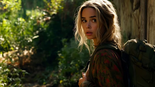 Photorealistic portrait of tense hiker in sunlit overgrowth.