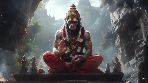 Monkey-headed deity sits in lotus pose inside rocky temple