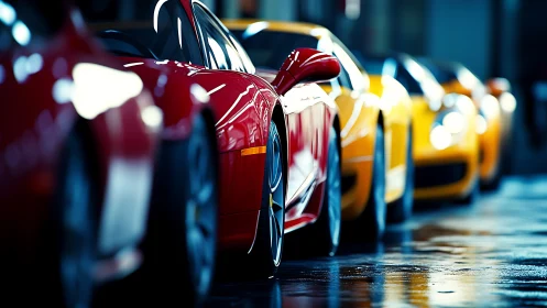 Row of glossy sports cars parked on wet reflective floor.