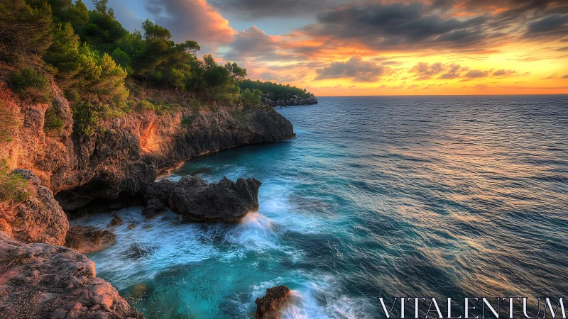 Clifftop pines above turquoise surf at glowing sunset.