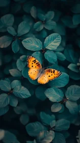 Orange butterfly resting on dark teal green foliage leaves.