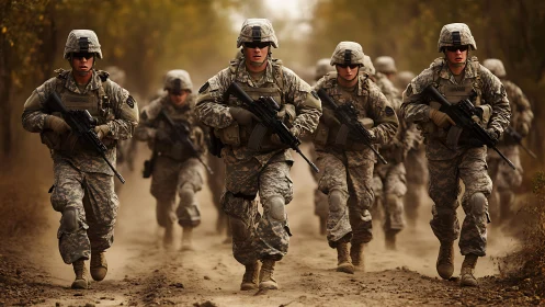 Infantry squad advances through dusty woodland trail in formation.