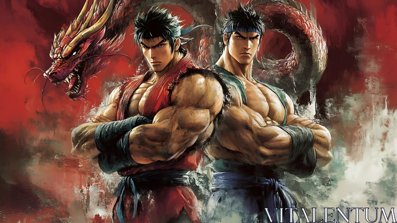 Twin warriors lock arms as crimson dragons coil behind