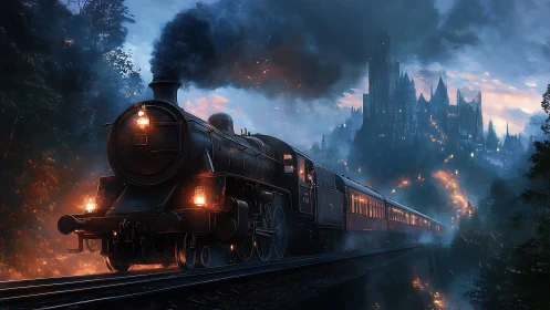 Midnight steam train rolls toward a glowing cliffside castle