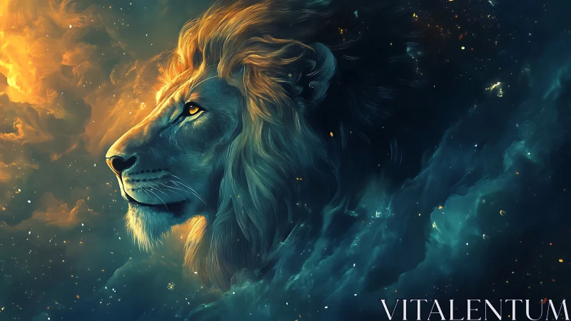 Celestial lion profile in teal nebula with golden flare.