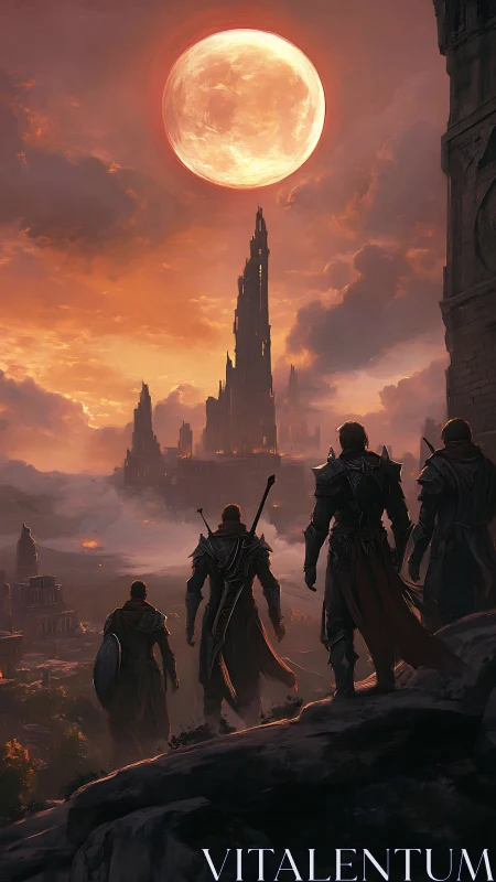 Moon-blood sky over citadel spires and armored wanderers.