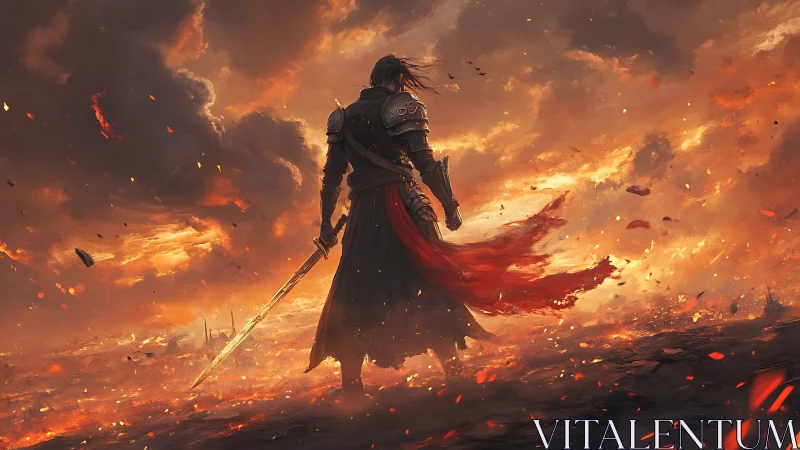 Epic armored warrior in fiery apocalyptic battlefield scene.