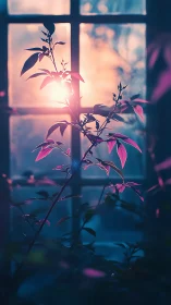 Backlit plant stems intersect window panes at low sun angle
