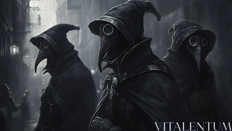 Plague doctor figures in dark narrow alleyway at night.